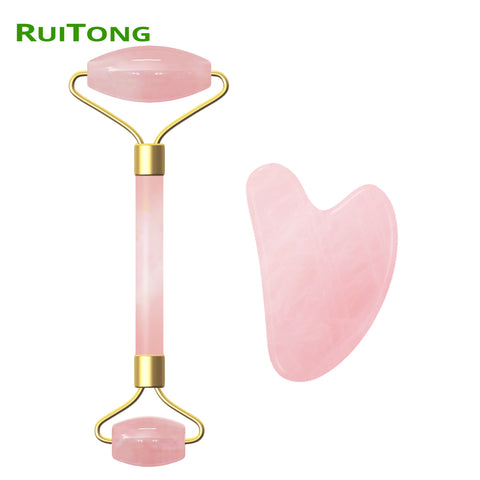 Dropshipping Rose Quartz Gouache Scraper Jade Roller Massage for Face 100% Natural Rose Quartz Facial Massage Jade Roller