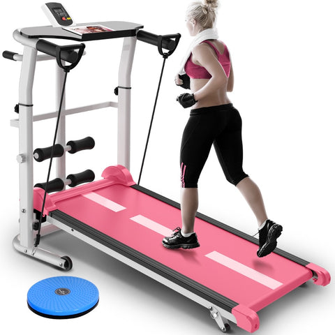 Pink Treadmill Foldable Manual Running Training Sports Multifunctional Mute Fitness Equipment 3 In1 Twisting Waist Machine