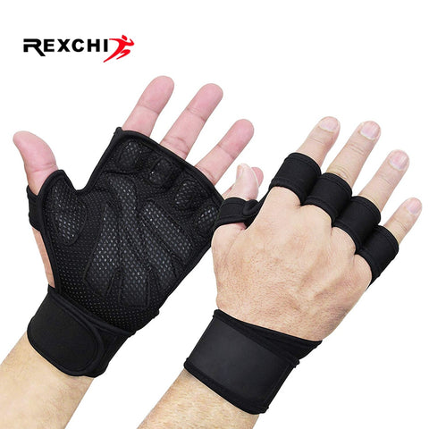 REXCHI Half Finger Gym Fitness Gloves Hand Palm Protector with Wrist Wrap Support Crossfit Workout Power Weight Lifting