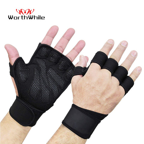 WorthWhile Half Finger Gym Fitness Gloves Hand Palm Protector with Wrist Wrap Support Crossfit Workout Power Weight Lifting